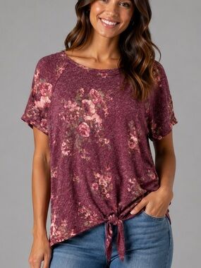 Rewind Burgundy Floral Tie-Front Short Sleeve Tee